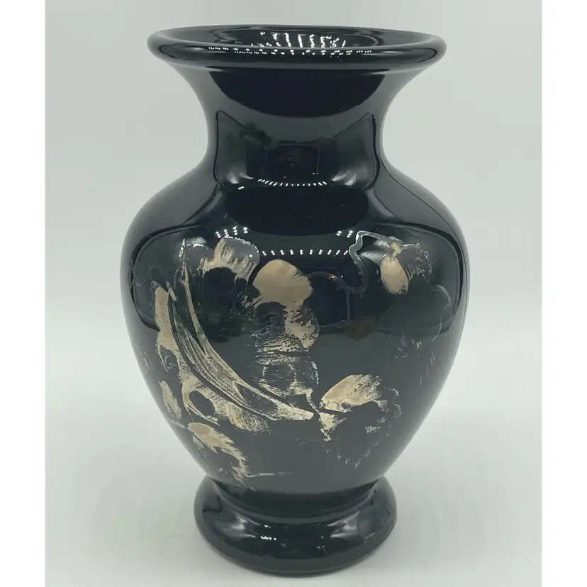 #10 Vintage Fenton Hand Painted Silver Poppies Black Amethyst Glass Vase READ