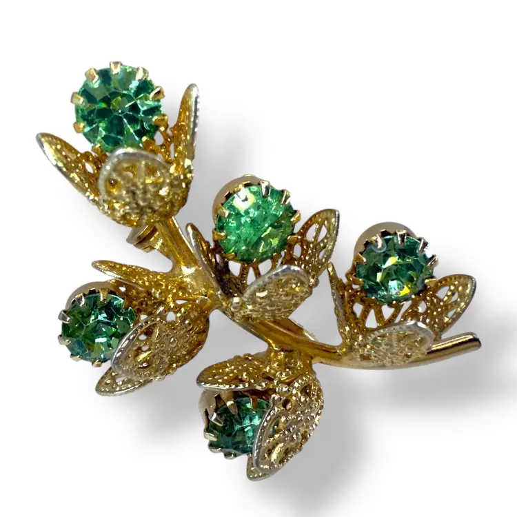 Uranium Glass Rhinestone Flowers Brooch