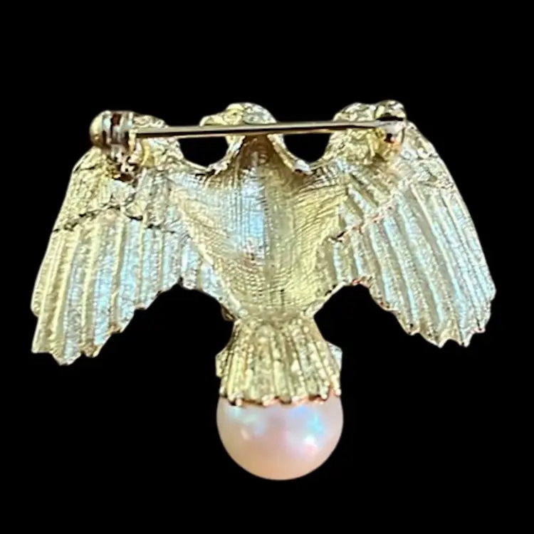 Eagle Spreading Wings Faux Pearl Brooch Pin Patriotic Gold Tone