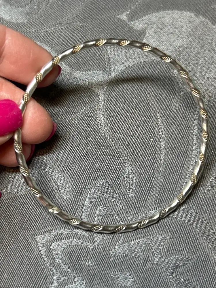 Vintage Twisted Sterling Silver Bangle Bracelet with Gold-Tone Rope Accents – 925 Tested, Two-Tone Textured Stackable Bangle, 2.5” Opening, 11.2g