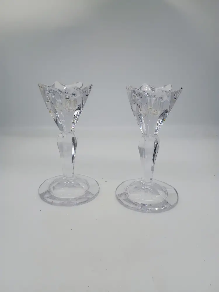 Vintage Pair of Marquis by Waterford Tulip Shaped Flora Pattern Candlesticks 6"