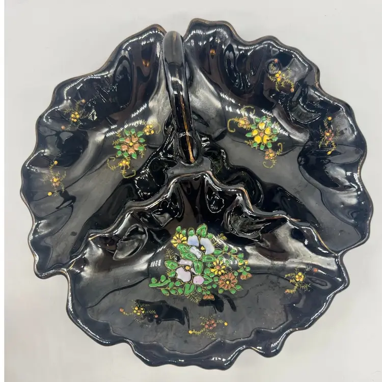 Vintage 1940’s Black Handpainted Divided Nappy Or Candy Dish