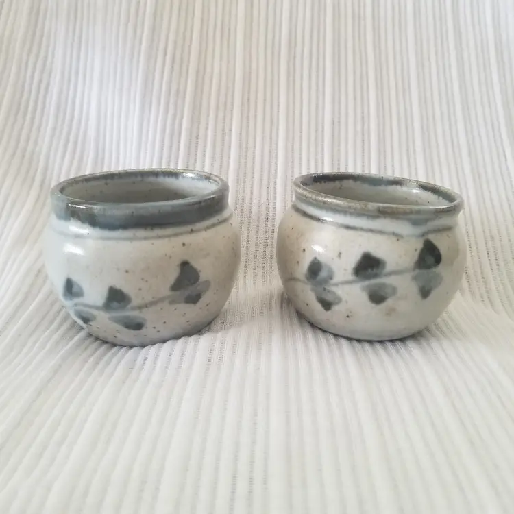 Pair of Stoneware Candle Holders Tea Light Votive Blue Beige Gray Foliage Leaves