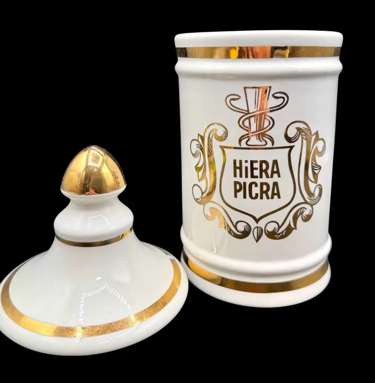 Vintage Pharmacy Apothecary Ceramic Canister Jar Hiera Picra Owen’s Illinois