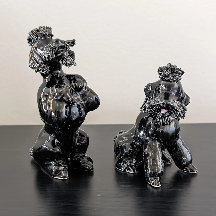 Vintage MCM Pair of 2 Black Spaghetti Poodle Dog Figurines - Sitting & Begging