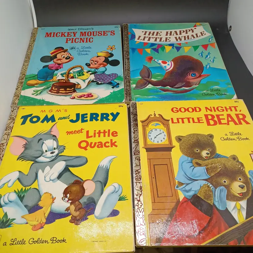 4 Vintage Little Golden Books Mickey, Tom Jerry, Little Whale, Little Bear