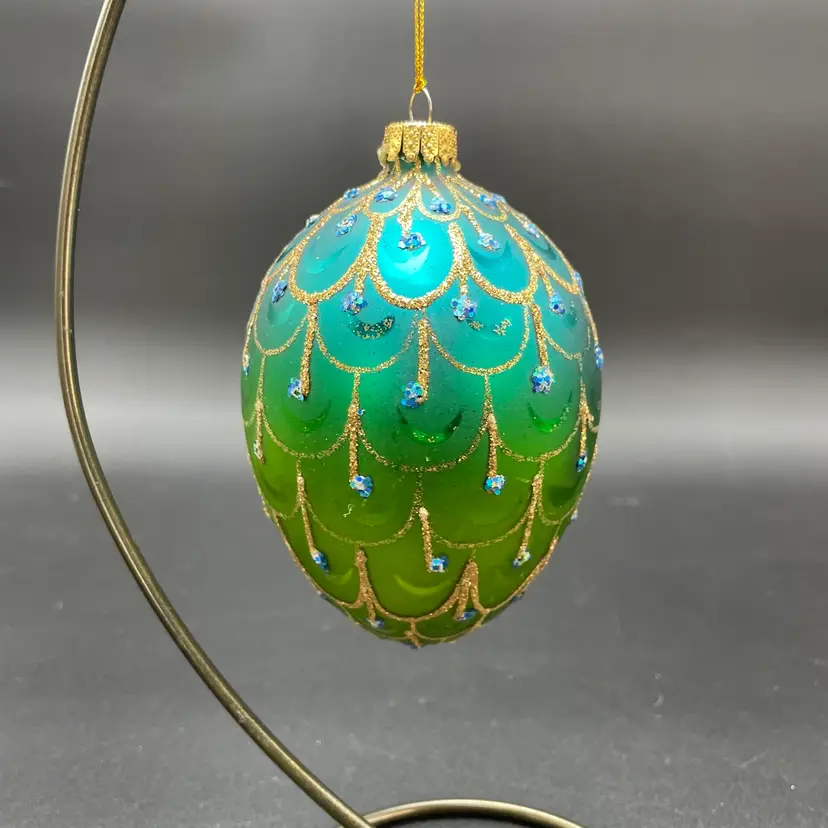 Unique Treasures Glass Tear Drop Blue Green Ombre Ornament Rhinestones Christmas
