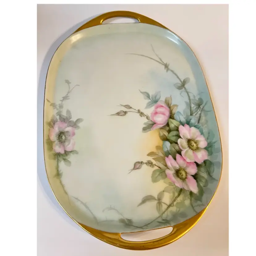 Hand Painted Haviland Limoges France Oval Porcelain Tray Floral Pattern Two Gold Handles 12x8.5 in