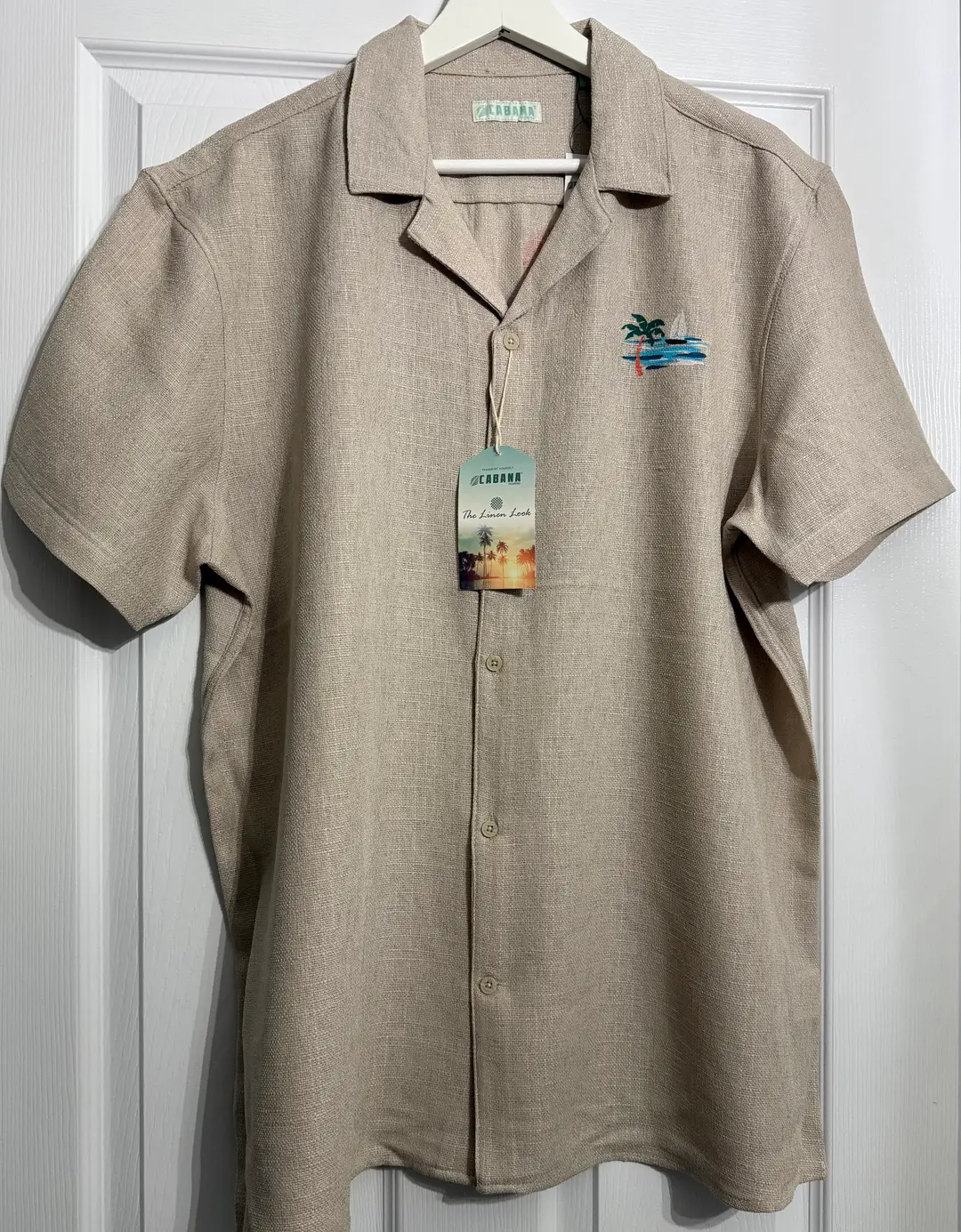 Cabana Fashions Linen Look Short Sleeve Button-Up Shirt XL Stone Color