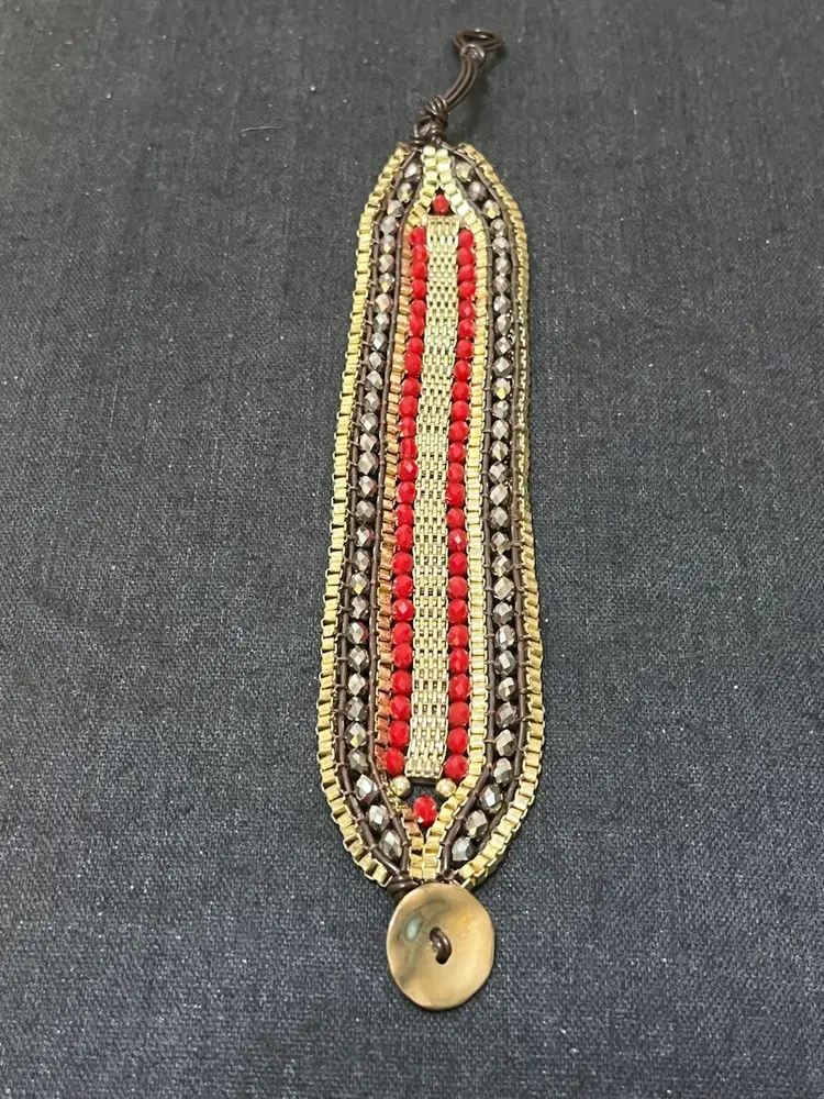 Red And Metal Beaded Bracelet 7”