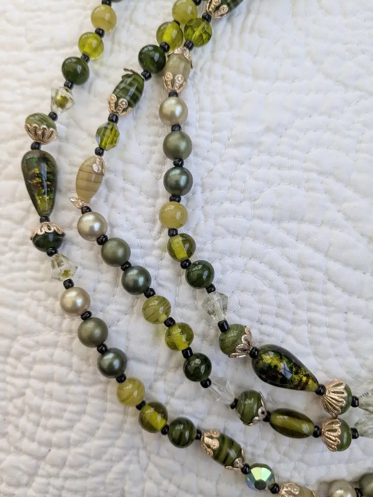 Vintage 58" Art Glass and Faux Pearl Necklace in Shades of Green