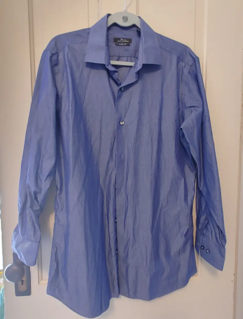 Men's Top- Brand: Marc Anthony. Size 16 1/2, 32/33. Blue slim fit button down shirt. 100% cotton. No callouts.