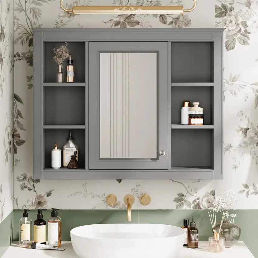 35" x 27.5" Wall Mounted Bathroom Mirror Medicine Cabinet with Shelves