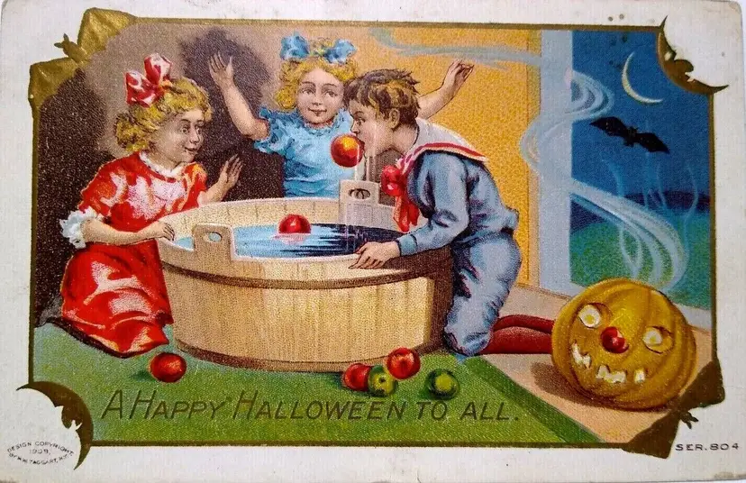 Halloween Postcard Fantasy Bats Crescent Moon Border Apple Game Taggart 1910