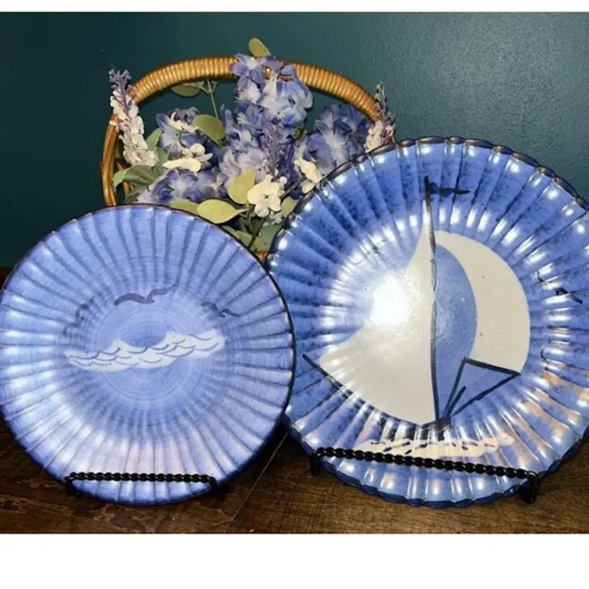 RARE VTG Set Of Stangl Newport Ocean Themed Hand Painted Pottery Plates - EC