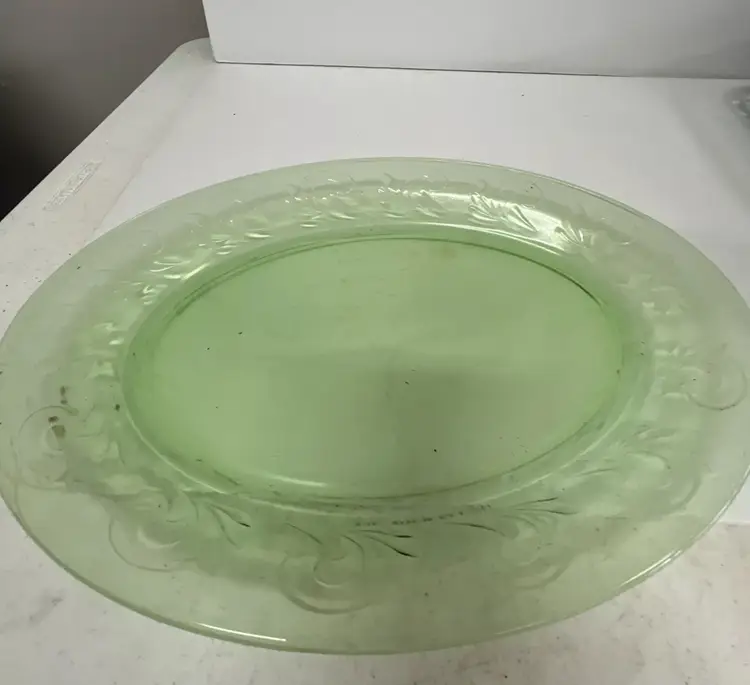 Green Glass Decorative Serving Platter Vintage H16" Made in USA 11
