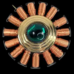 Green Glass Gem Reinvented Brooch Pin. 1-5/8” Diameter. Recycled e-waste. VCR parts; Vibrant Copper Wire Stator. Handmade by me 🫶