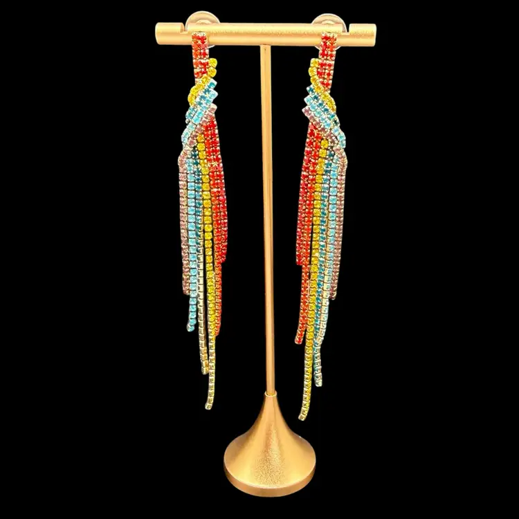 Rainbow Twist Fringe Waterfall Shoulder Duster Pierced Earrings Festival Boho