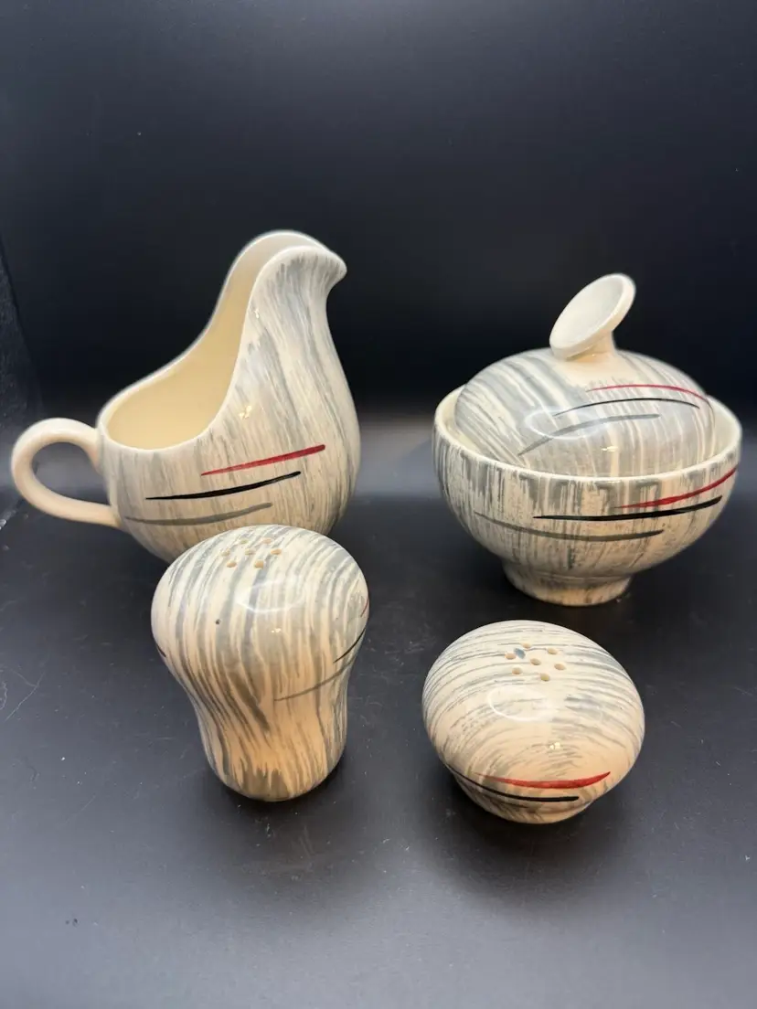 Vintage MCM Hiawatha Creamer, Sugar Bowl, Salt And Pepper Set By Stetson China