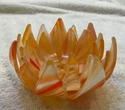 #01 Stained glass votive candle holder, 4 1/4” across top and 3” tall, orange and white petals