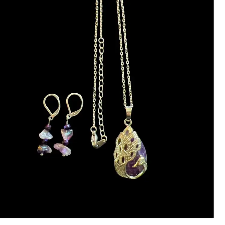 Amethyst Purple Peacock Necklace & Amethyst Chip Crystal Earrings #of-c