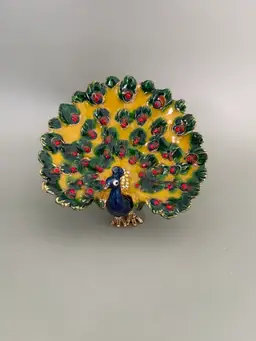 Vintage Jeweled Peacock Trinket Box | Enamel Bird Ring Box with Rhinestones (Green Trim)