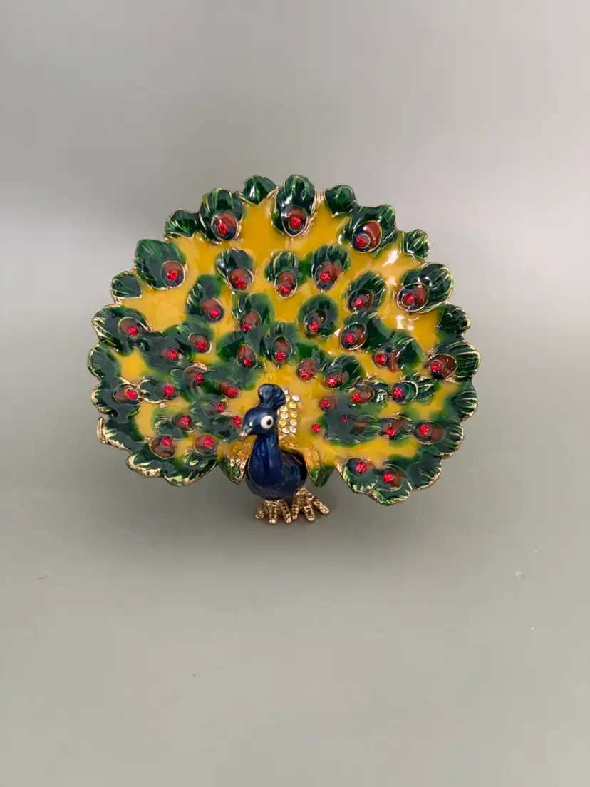 Vintage Jeweled Peacock Trinket Box | Enamel Bird Ring Box with Rhinestones (Green Trim)