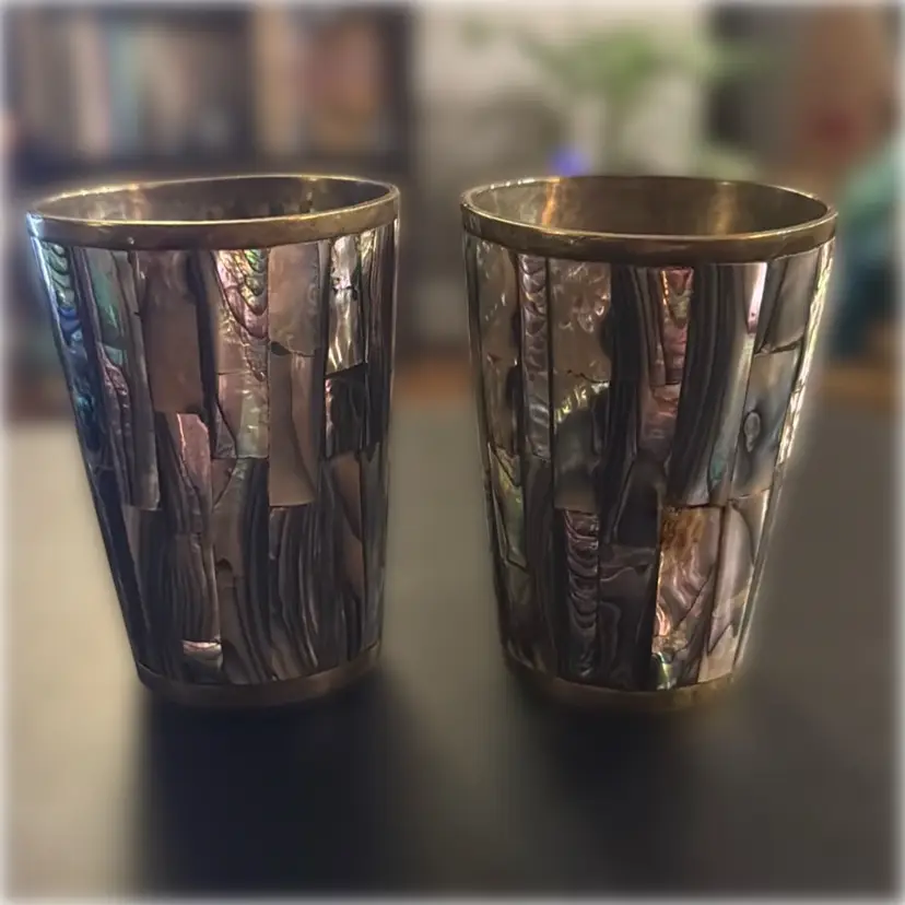 Pair of Mexican Brass and Abilone Cups