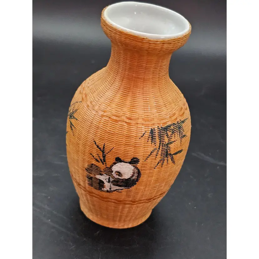 Vtg Bamboo Porcelain Vase With Painted Panda 4"