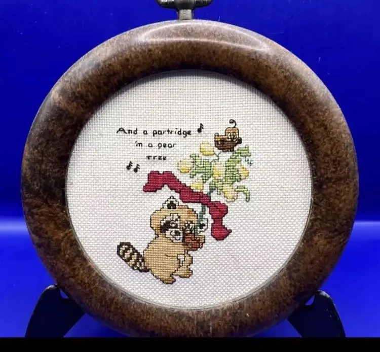 Vintage Christmas Needlepoint Framed Raccoon And Partridge In A Pear Tree