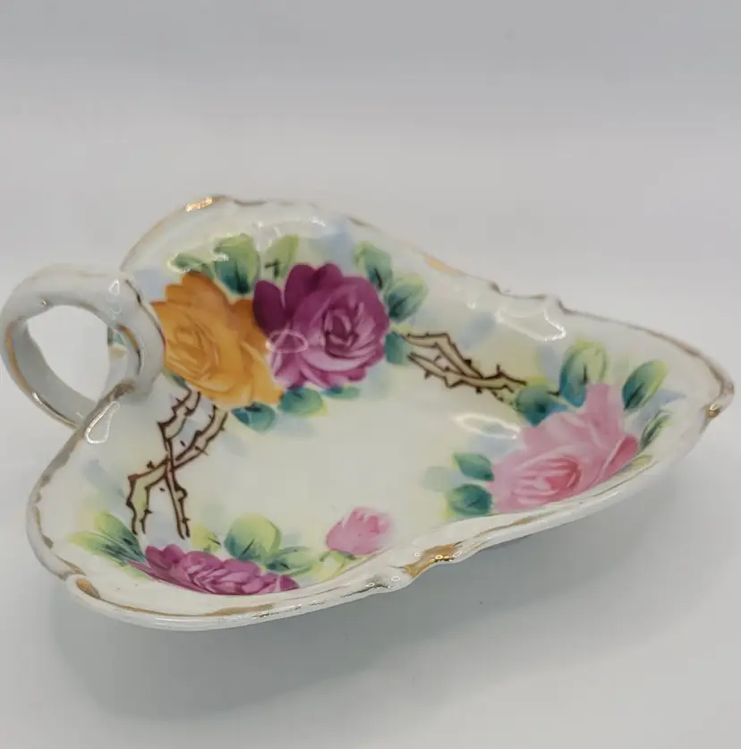 Vintage Porcelain Floral Handle Nappy Bowl