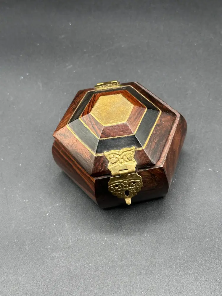 Hexagon Wooden Box With Brass Accents. Sapphire Blue Lining. Vintage  4 X 3