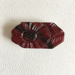 Vintage Bakelite Maroon & Black Marbled Carved Floral Octagonal Bolo Bead