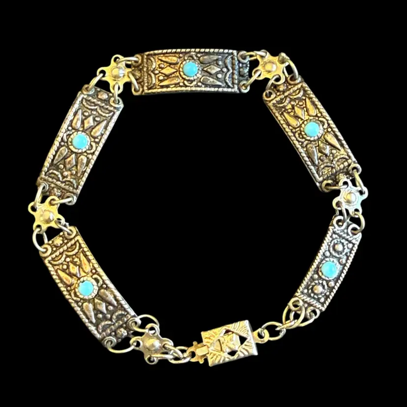 Vintage MCM Southwest SilverTone Faux Turquiose Bracelet Filigree Box Clasp 8”