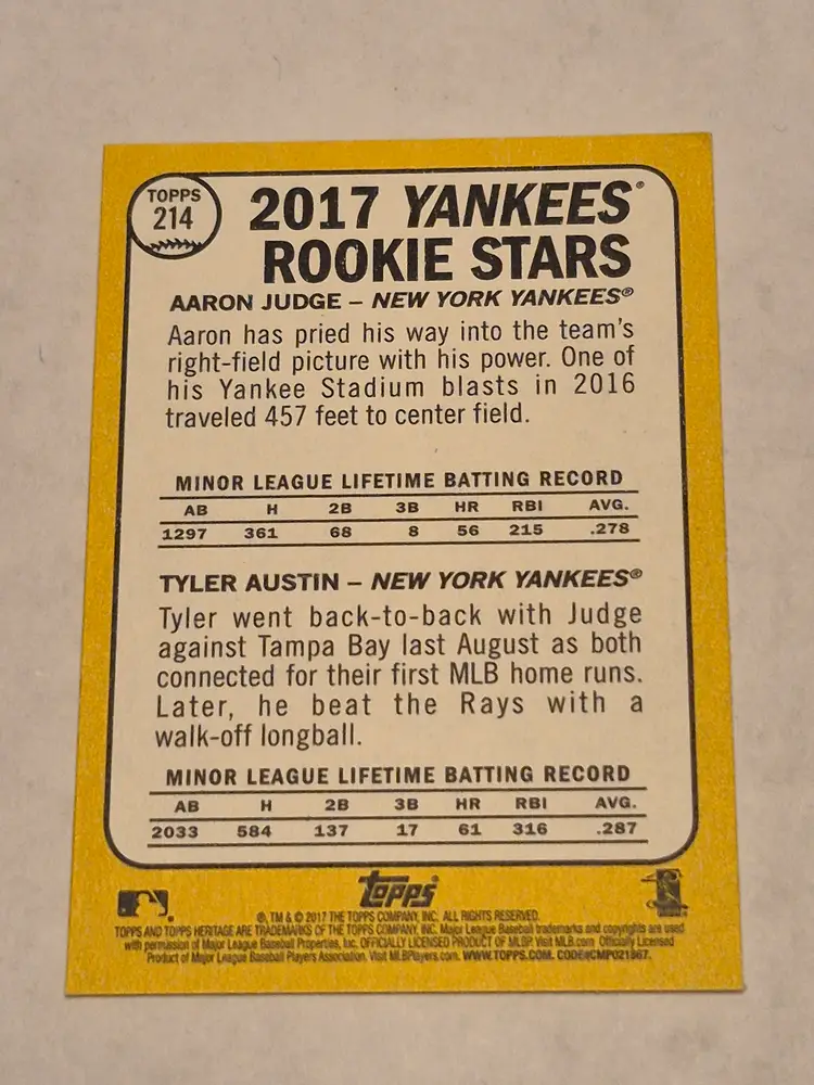 Aaron Judge/Tyler Austin (RC) 2017 Topps Heritage #214 Yankees