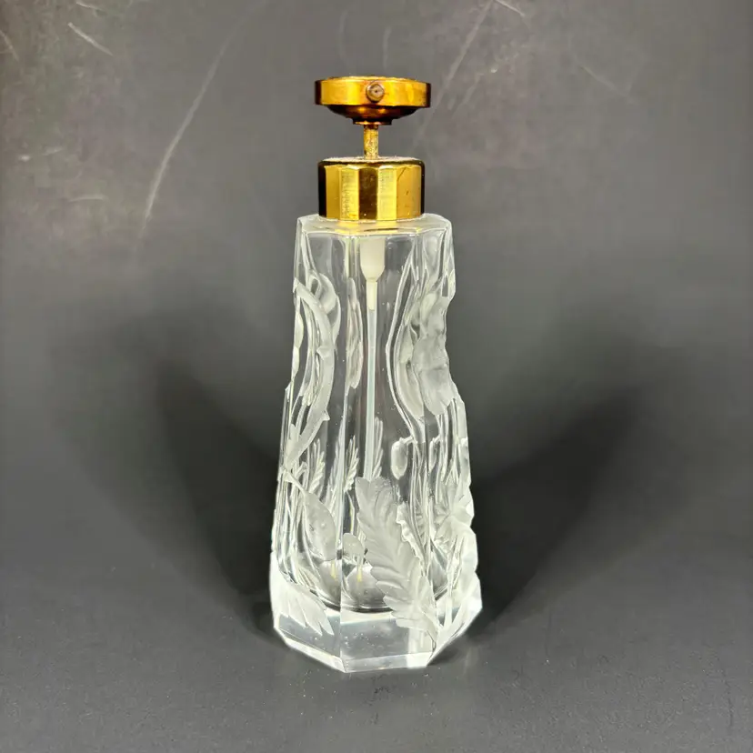 Moser Intaglio Perfume Bottle Atomizer Cut Floral Clear Glass Decoration Vintage