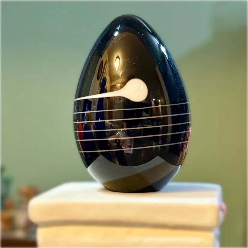 Vintage Signed Glass Eye Studio Black Glass White Swirl Egg Paperweight (#0439/1000)