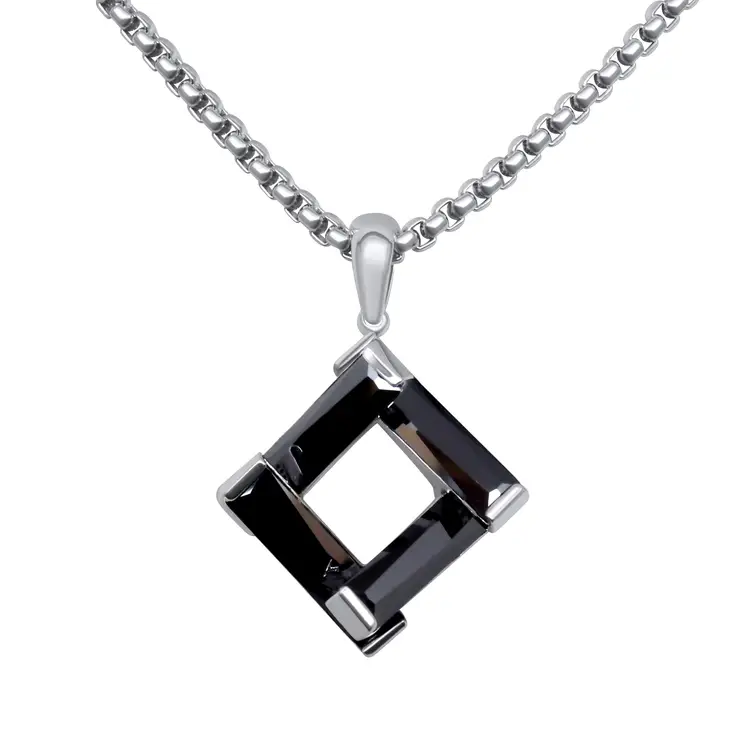 Black Onyx Geometric Pendant Necklace Silver Tone Modern Square Chain Jewelry