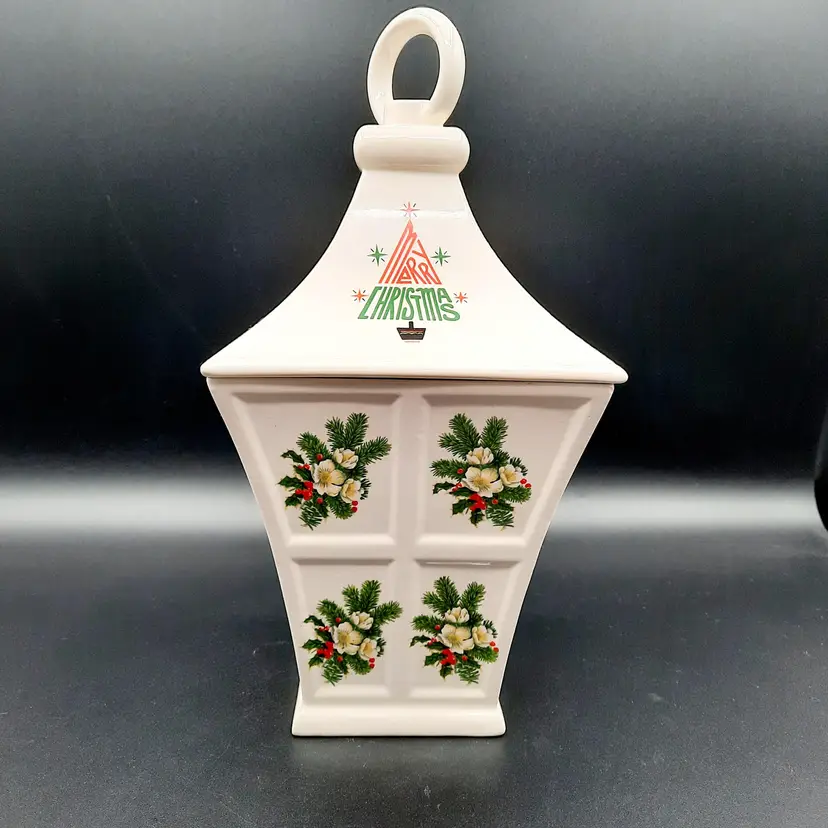 Christmas Ceramic Lantern Lidded  Canister Applied Merry Christmas Holly Floral Design