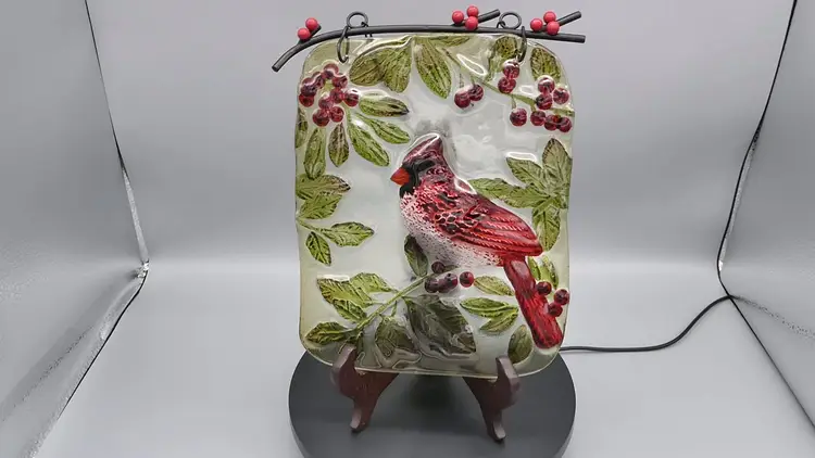 Cardinal Bird Holly Berry Suncatcher Holiday Wall Decor Metal Glass Reverse Painted 13" Hanging