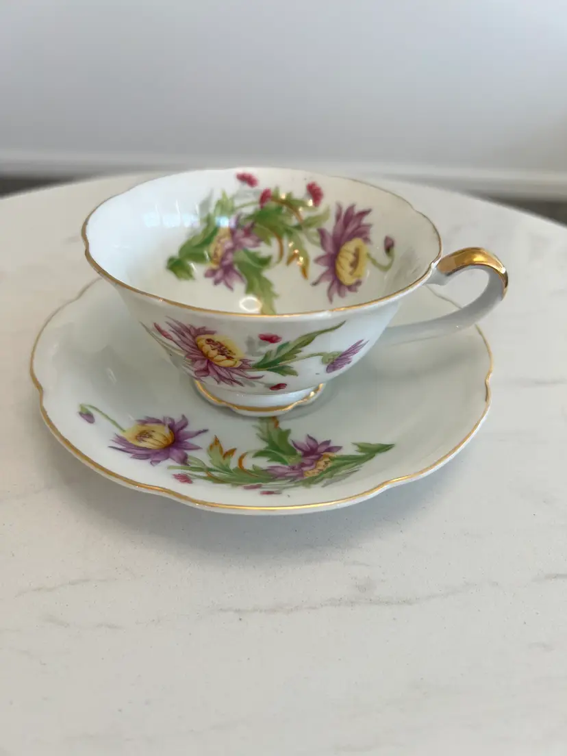 Vintage Halsey Fifth Japan Floral Porcelain Teacup Saucer Set Gold Trim