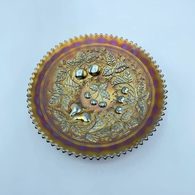 Antique Northwood Three Fruits Amethyst Carnival Glass Panel Backed Bowl