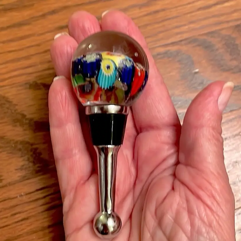Millefiori, handmade, glass, wine bottle stopper in original box. Very nice!