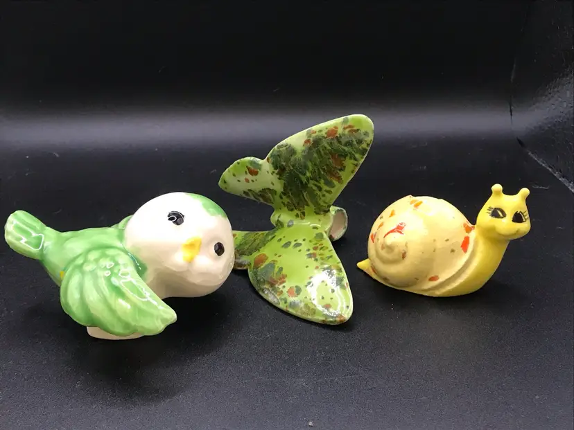Lot of 3 Vintage Springtime Bird Butterfly Snail Ceramic Macrame Beads Craft