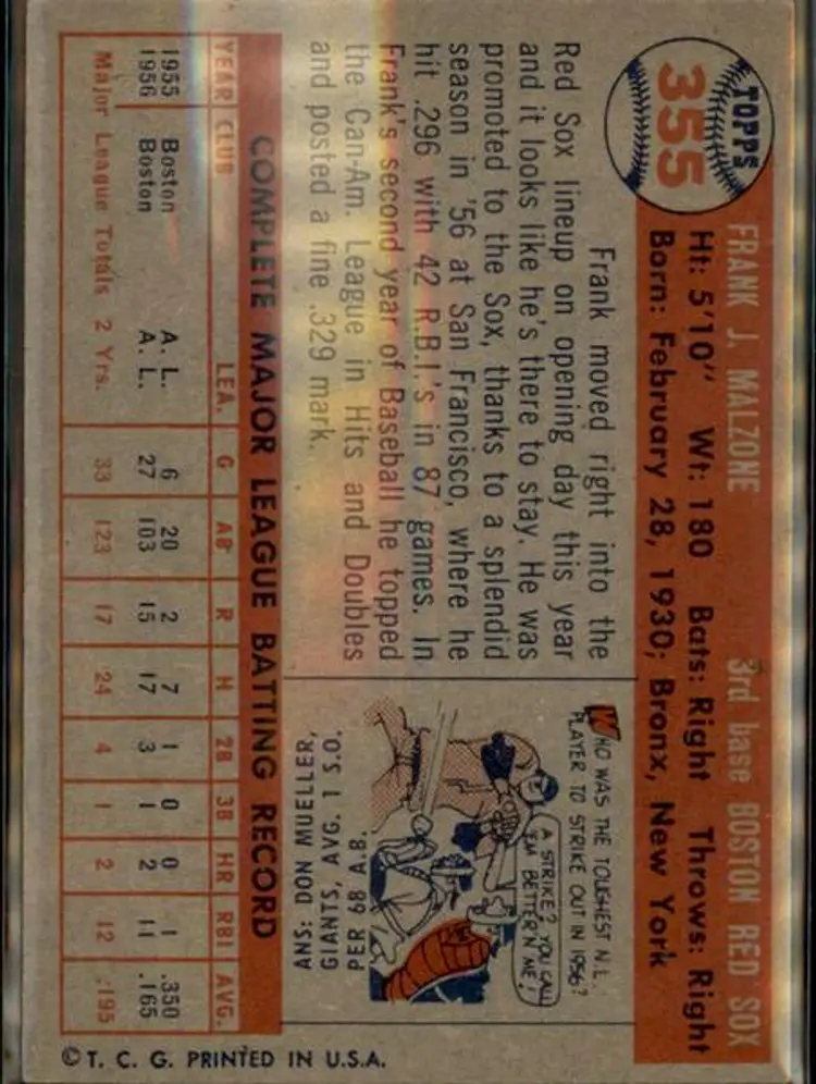 1957 Topps #355 Frank Malzone - ( pk1 ) - Boston Red Sox
