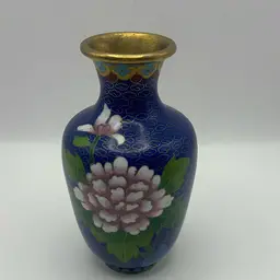 Vintage Blue Asian Cloisonné Vase With Flowers, 6.5” Tall
