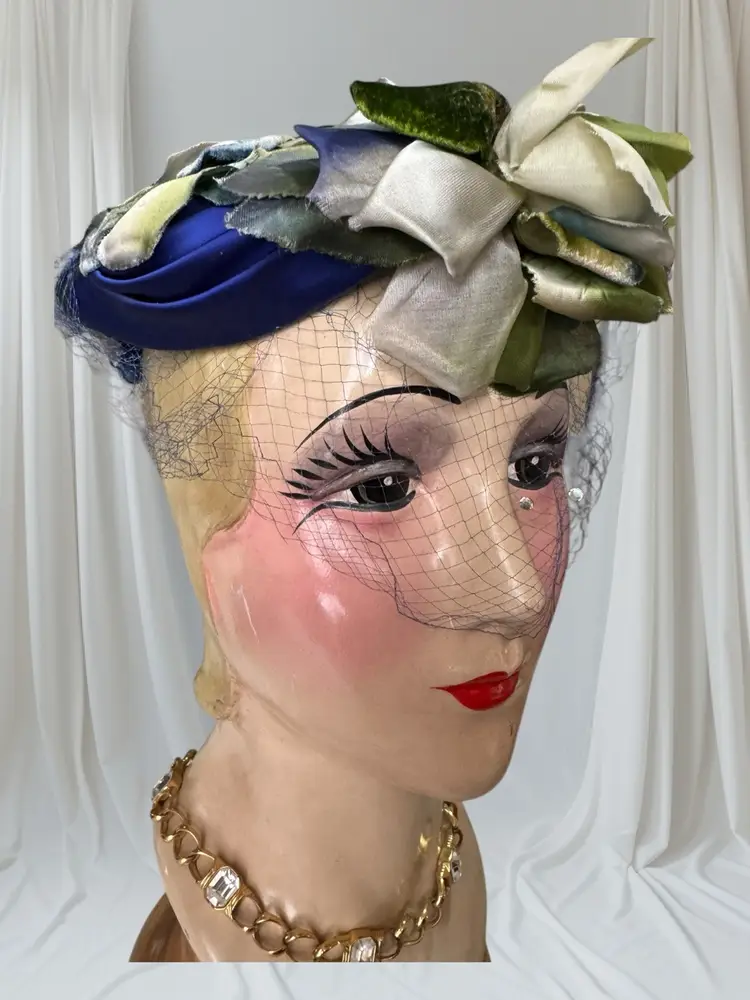 Vintage Royal Blue Floral Roses One Size Hat