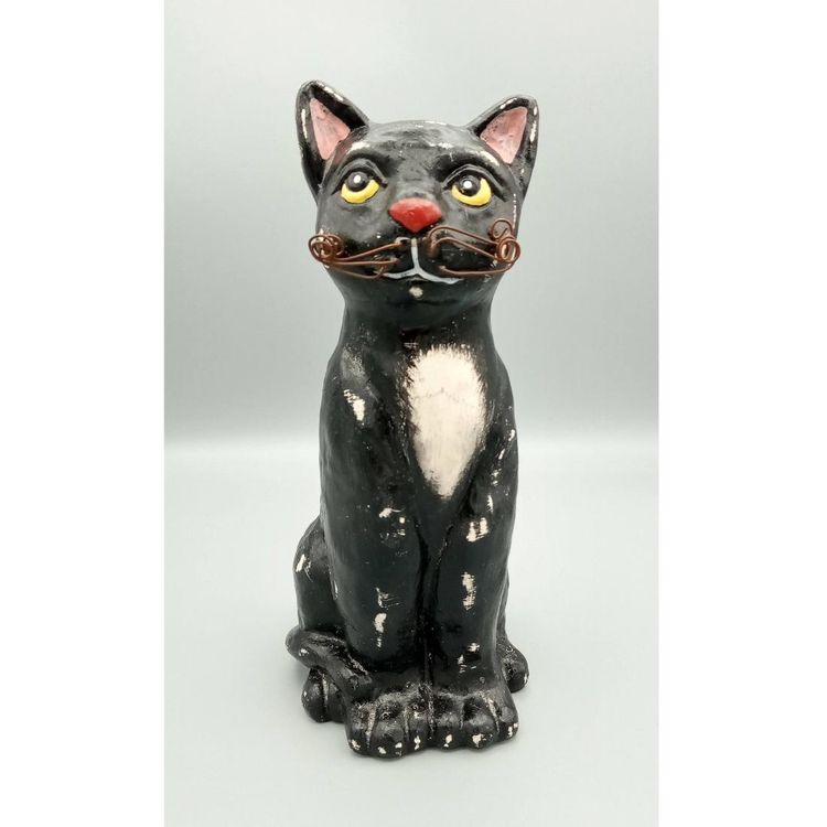 #108 - Folk Art Distressed Hand Painted Clay Black Cat Figurine Wire Whiskers