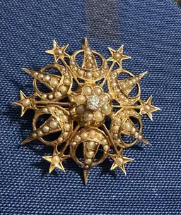 Antique 14k Seed Pearl & Diamond Star Snowflake Pendant Pin