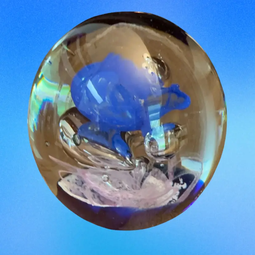 Blue Pink Bubbles Blown Glass Paperweight Clear Bottom No Chips Or Scratches 3.5”+ Across And Tall